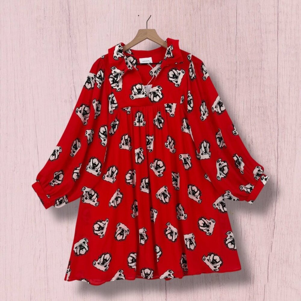 NWT‎ Adrienne Savannah Bulldog Red Ruffle Dress Size L